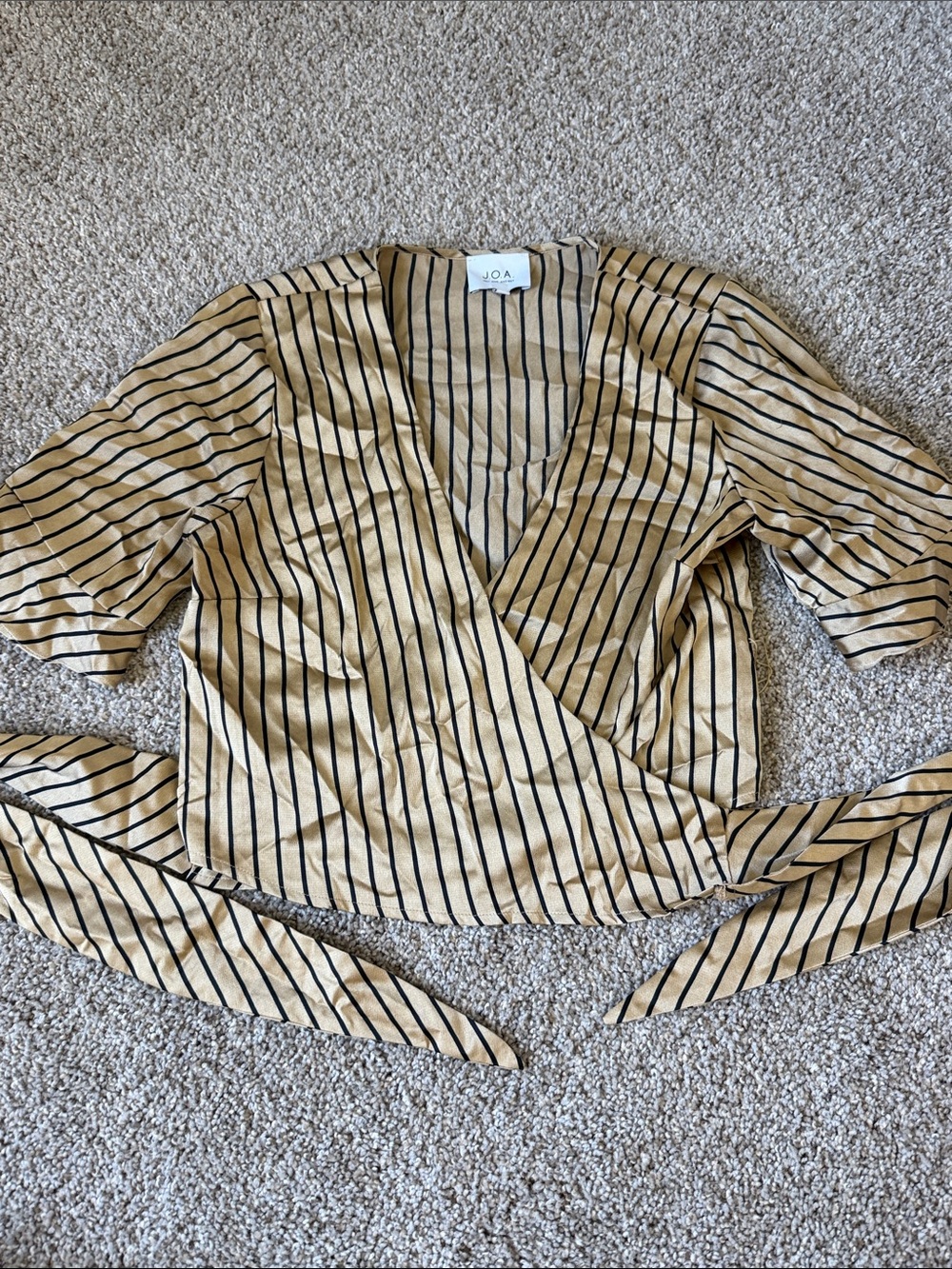 J.O.A. Tan and Black Striped Wrap Top
